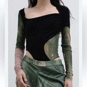 OUDE WAAG Velvet Patchwork Print Long Sleeve Bodysuit 20A/W Rusted Memory M